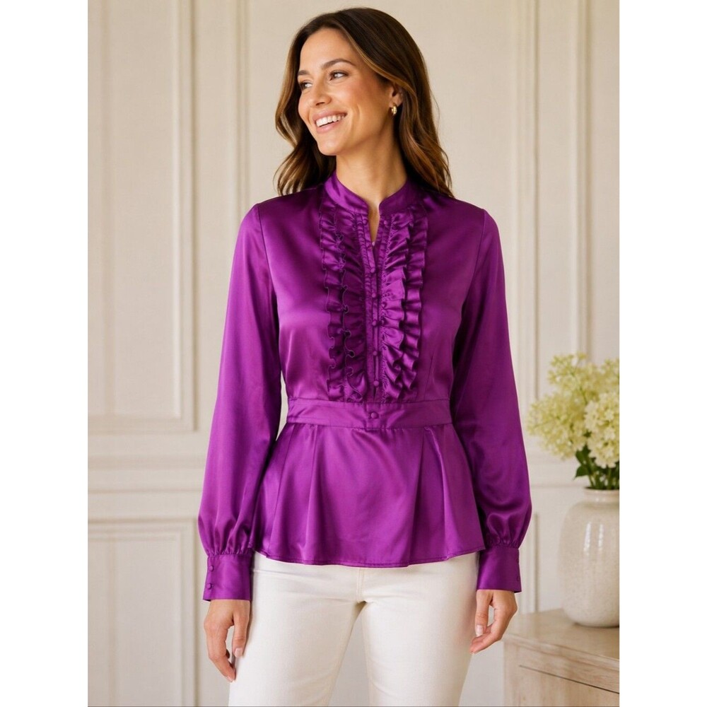 Moda International Purple Silk Ruffle Victorian French Romantic blouse shirt L